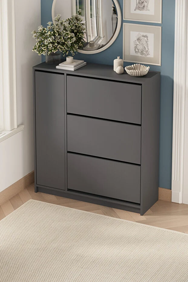 Düşer Kapak Ayakkabılık 4 Kapaklı 6 Bölmeli Kayar Raflı Ayakkabılık